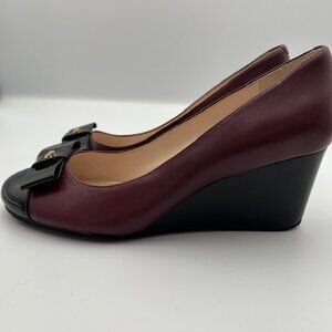 Cole Haan Grand OS Womens Tali Sze 7B Burgundy & Black Cap Toe Wedge Pumps W/Bow